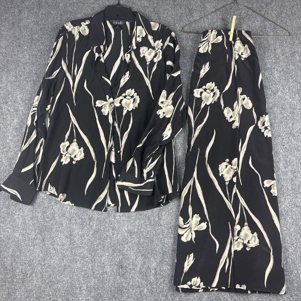 Vintage Rafaella 100% Silk 2pc Set Black Floral Top 10 Skirt 14 Mixed Size